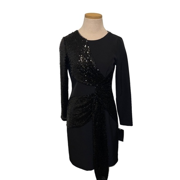 NWT Aidan by Aidan Mattox Sequin Drape Long-sleeve Crepe Sheath Dress Size 2 - Picture 4 of 10